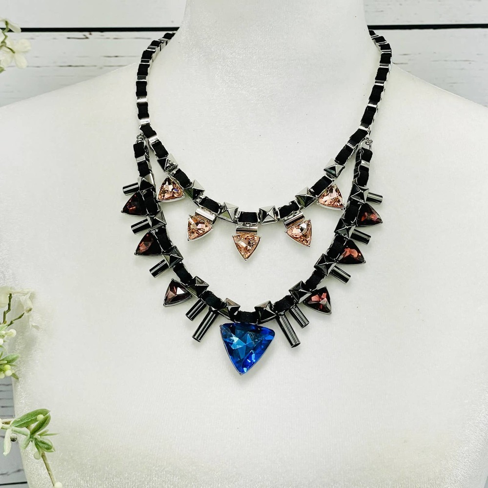 NWT French Connection Silver Chain Necklace with Black, Blue and Pink Accents - Picture 2 of 9